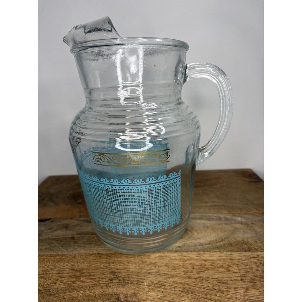 Vintage 1950's Anchor Hocking 64 Oz Glass Pitcher Teal & Gold Colored
